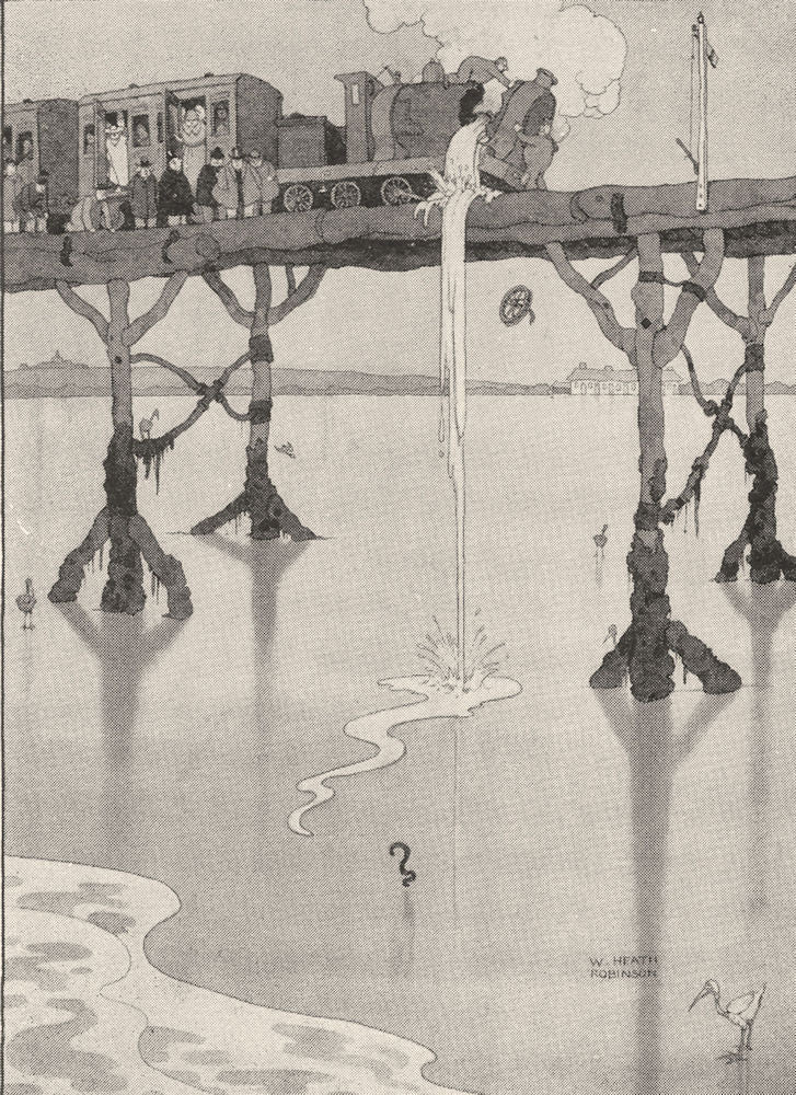 HEATH ROBINSON. Engine driver sacrificing punctuality to save eel.SMALL 1935